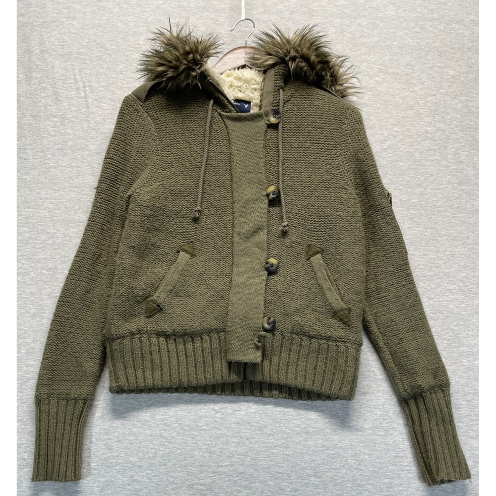 American Eagle Outfitters Sweater Jacket Women Medium Olive Green Faux Fur Lined
